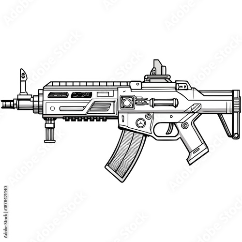 Detailed illustration of a modern assault rifle with magazine and stock