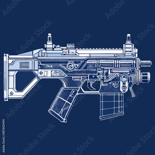 Detailed blueprint style illustration of a futuristic assault rifle on dark blue background