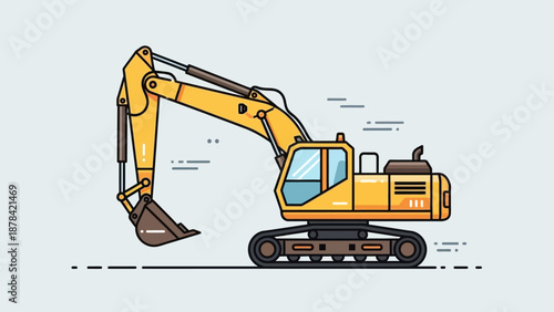 Detailed illustration of a yellow excavator with labelled parts on a white background viewed from the side