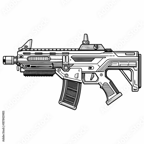 Futuristic assault rifle with advanced design and accessories