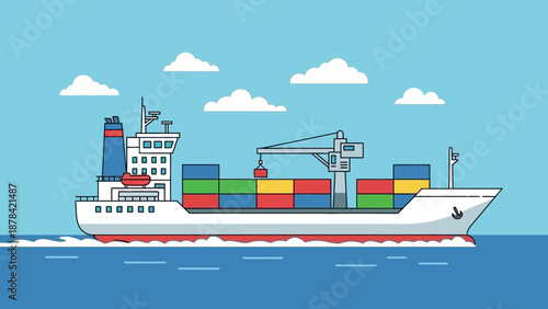 Large cargo ship sailing through calm blue waters with colorful containers on deck, viewed from the side under a clear sky