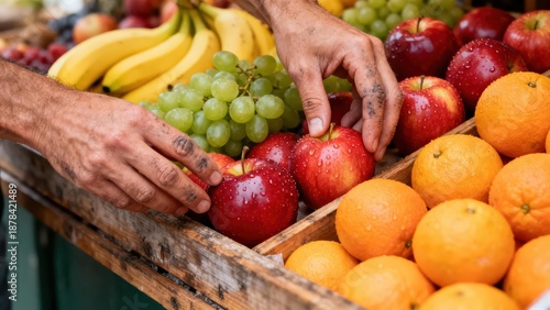 Farmer arranging wet red apples next to bright orange citrus fruits and bunches of green grapes in a rustic wooden display box.
