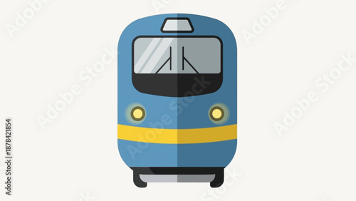 Front view of modern train with yellow stripe on blue body, illustration via RJ ImageFX, file imagefx_6qnk32_via_RJ_ImageFX_Auto.eps