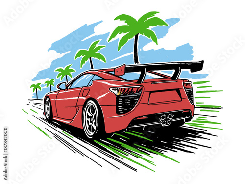 Sport car print design for t shirt print, poster, sticker, background and other uses. Fast wheels challenge. Tropical speed race design.