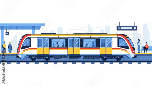 Modern train at a futuristic station platform with people waiting, viewed from the side, illustrating transport and technology