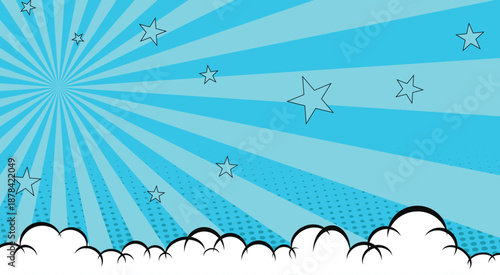 Pop Art Style Comic Background with Blue Rays, Stars, and Clouds Retro Vintage Sunburst Design with Sky Elements