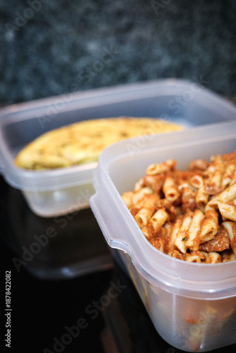 Homemade meal prep with pasta in plastic container
