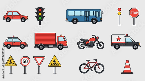 Collection of vehicles, traffic signs, and road safety icons displayed together in a grid layout