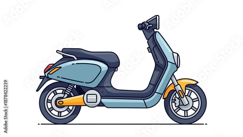 Illustration of a modern scooter viewed from the side, showcasing its sleek design and vibrant colors in a clean environment