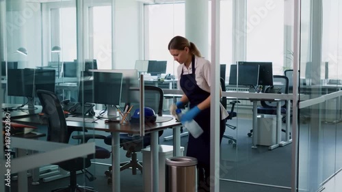 Dedicated Office Cleaning: A Professional Employee Maintaining a Tidy Workspace with Care and Attention in a Modern Office Environment