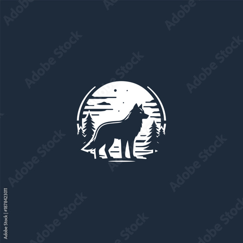 Illustration of a wolf logo at night with the moon behind it.