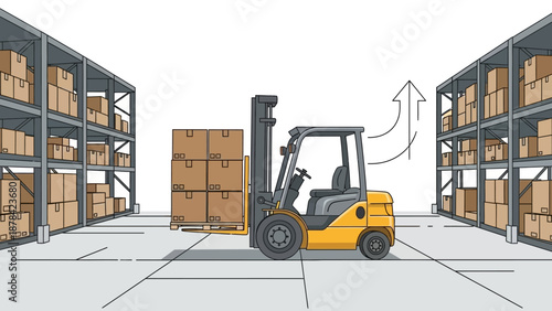 Forklift loading boxes in a warehouse with storage racks and inventory from a frontal viewpoint