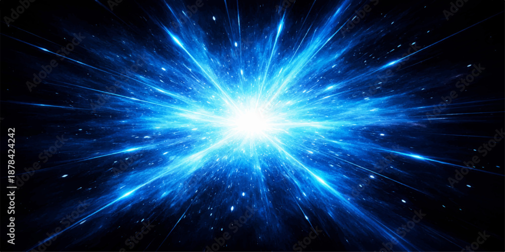 Naklejka premium An abstract blue space background features a bright glowing star burst and energy flares across a dark galaxy illustration with light rays and a motion flashWould you like me to generate a high-reso