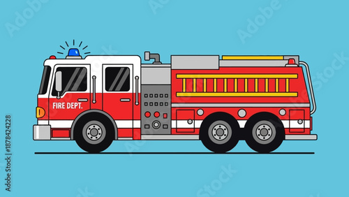 Fire engine illustration viewed from the side on a blue background with emergency lights activated