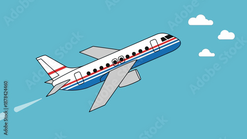 Airplane flying high in the sky with clouds in the background, viewed from below