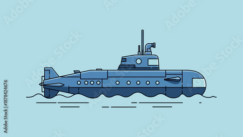 Vibrant illustration of a submarine sailing on calm waters with periscope raised, showcasing its sleek design and naval functionality