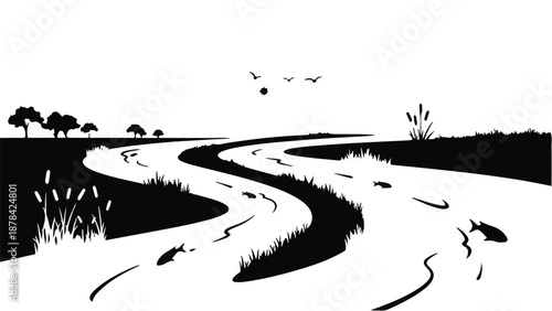 Serene winding river flowing through a peaceful landscape under a bright sky