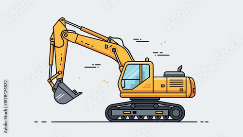 Detailed vector illustration of a yellow excavator on tracks with labeled parts from a side viewpoint
