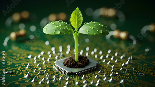 Green Sprout Growing on Computer Chip Circuit Board
