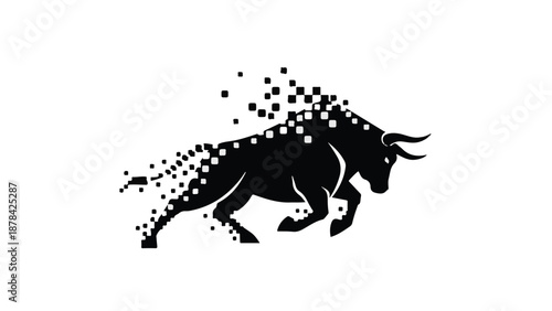Powerful bull dissolving into digital pixels, symbolizing strength and technology