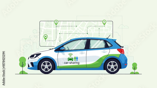 Eco-friendly car navigation system illustration showcasing GPS route planning and environmental sustainability features