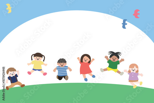 国際色豊かな子どもたちが外でジャンプする背景フレーム