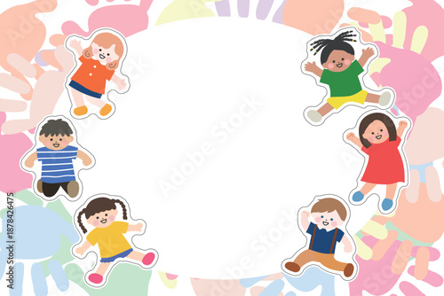 手形の背景とステッカー風のかわいい子どもたちの背景素材
