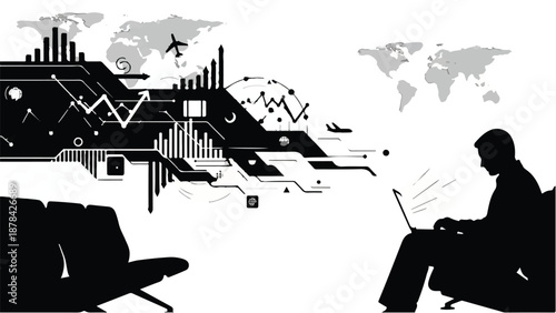 Man working on laptop with global data streams and flight paths connecting to the world