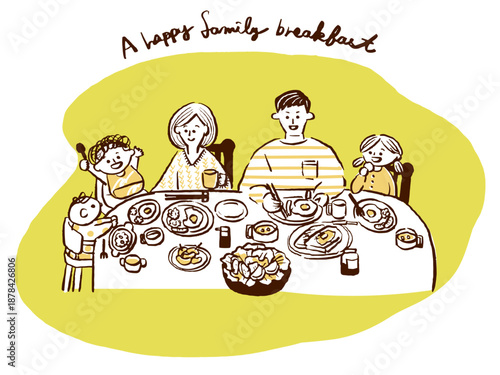 家族で楽しく朝食を食べる風景　食卓を囲む5人家族のイラスト　Happy family eating breakfast