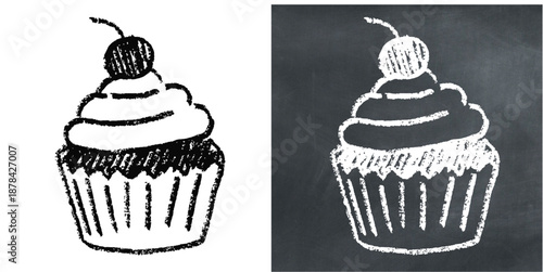 Chalk handdrawn cup cake vector for dessert menus. Ideal for bakery signs, sweet treats, muffin icons, and restaurant blackboard art.
