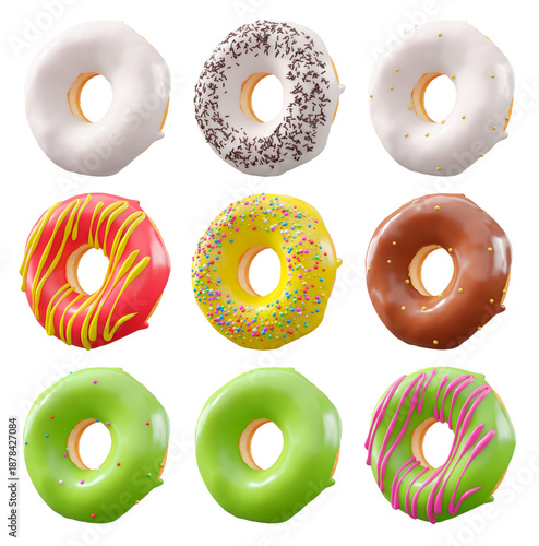 Assorted donuts with colorful icing, sprinkles, and chocolate isolated on white transparent background