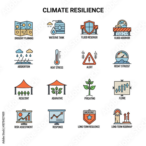 Climate Resilience Icons Set for Global Adaptation.