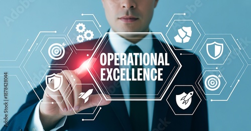 Businessman touching screen with operational excellence icons and text image