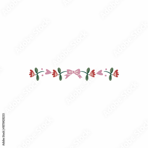 Hand drawn floral border with ribbon bow, folk style decorative horizontal design