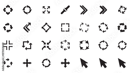 Collection of various black arrow symbols and direction indicators isolated