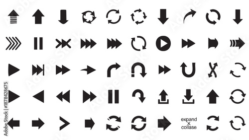 Collection of various black navigation and direction icons isolated