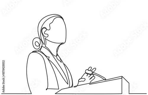 One line drawing of a businesswoman speaking into a microphone. Minimalist vector illustration of a public speaker or presenter giving a talk. Professional business presentation concept.