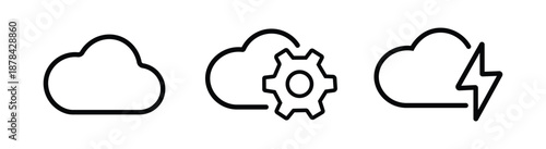 Cloud Computing Icon Set, Cloud Storage Settings and Lightning Symbols, Outline Web Technology and Data Network Vector Icons Isolated on White Background.