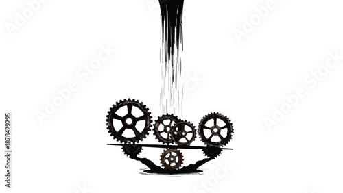 Intricate gears balanced precariously as dark liquid flows, symbolizing complex systems and potential disruption.