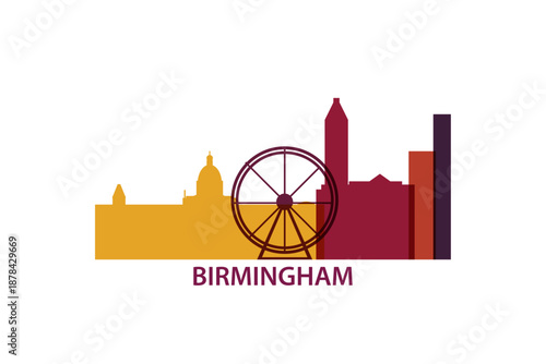 Birmingham logo, clip art with cityscape, skyline, panorama, skyscrapers. Vector flat isolated illustration. England UK city image with landmarks and buildings
