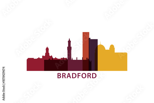 Bradford logo, clip art with cityscape, skyline, panorama, skyscrapers. Vector flat isolated illustration. England UK city image with landmarks and buildings