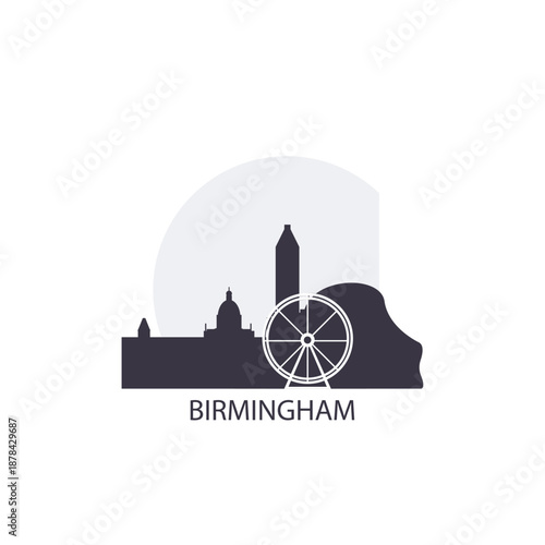 Birmingham logo, clip art with cityscape, skyline, panorama, skyscrapers. Vector flat isolated illustration. England UK city image with landmarks and buildings