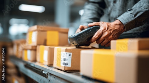 Worker scanning barcode on package on conveyor belt