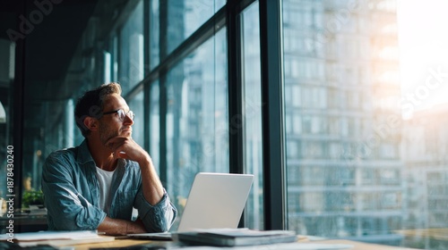 Entrepreneur man thinking looking at city from office window