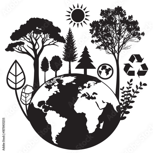 Eco friendly global conservation concept with trees and recycling symbol