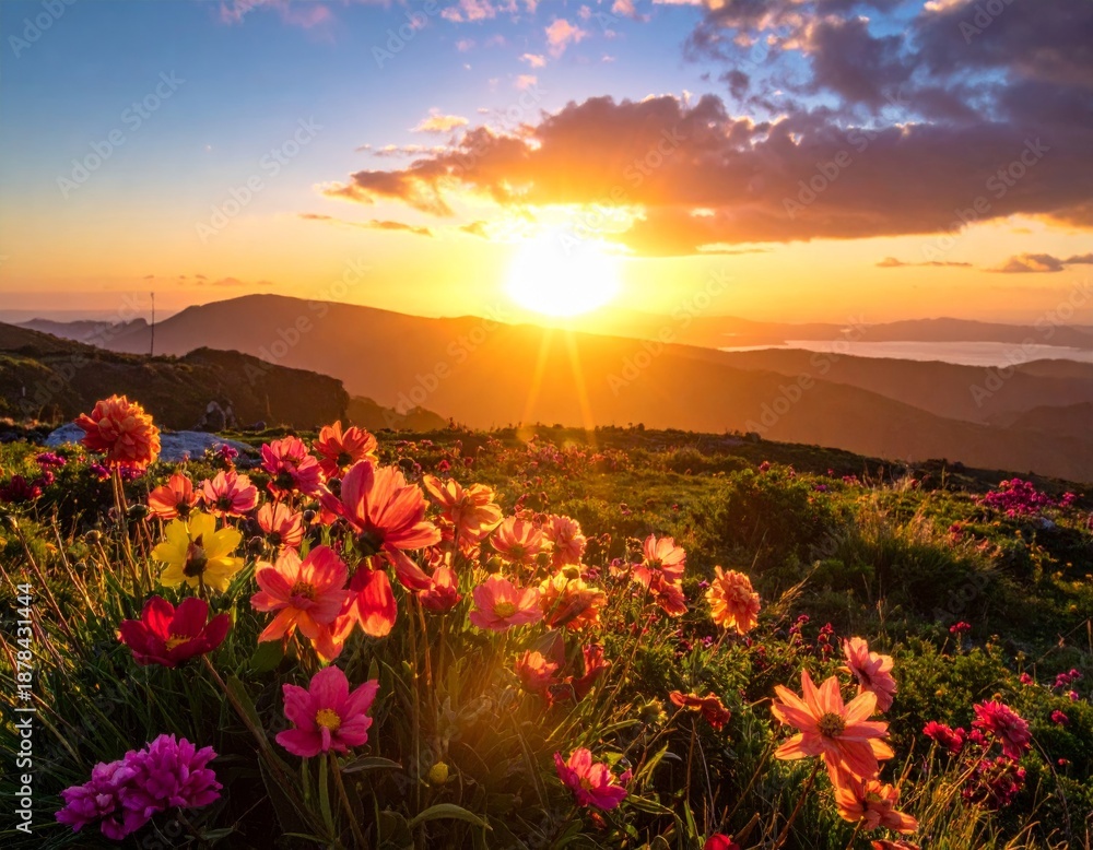 Obraz premium Vibrant Wildflowers at Sunset Over Rolling Mountainscape