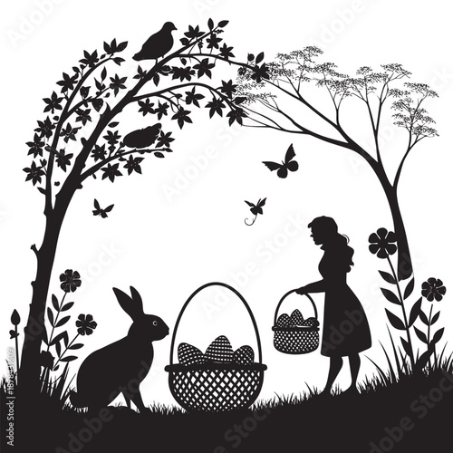 Whimsical Easter scene with girl collecting eggs in basket