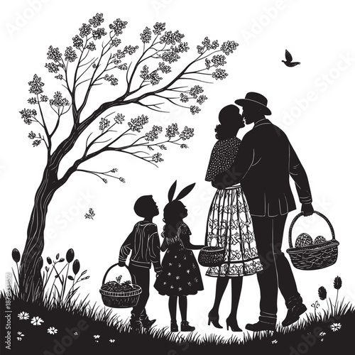 Family enjoying Easter egg hunt together in spring