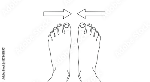 Simple line art drawing of a pair of bare human feet with arrows pointing towards each other against a plain white background.