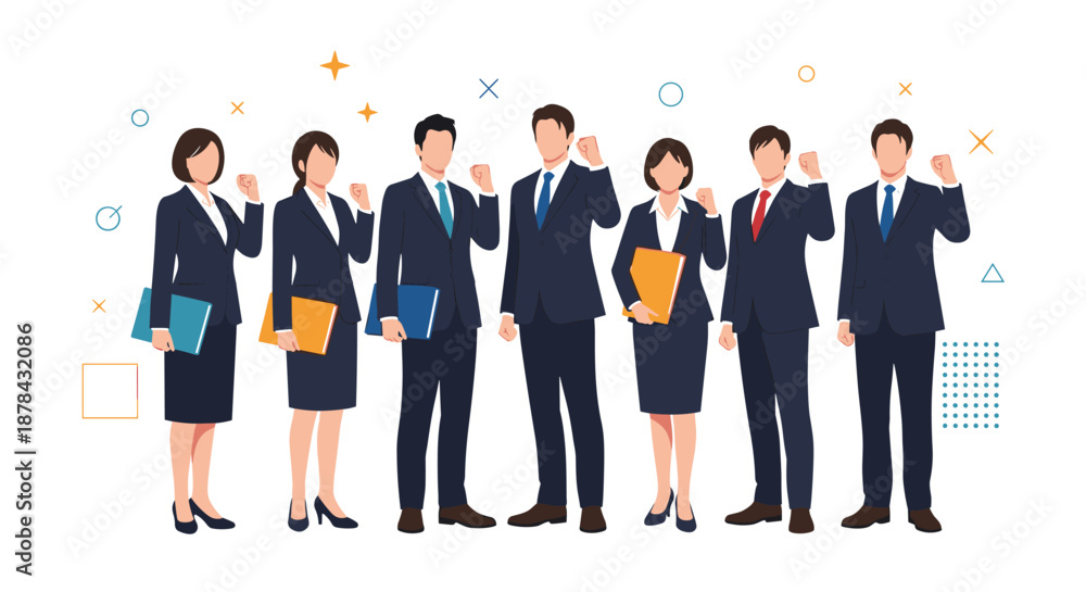 Fototapeta premium Group of diverse business professionals in formal suits standing together with fists raised in a triumphant celebration.